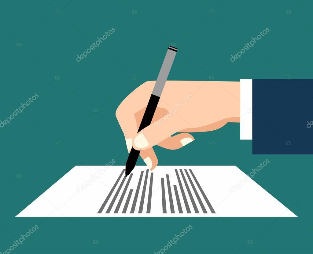 Hand of man with a pen close-up in flat style, vector.