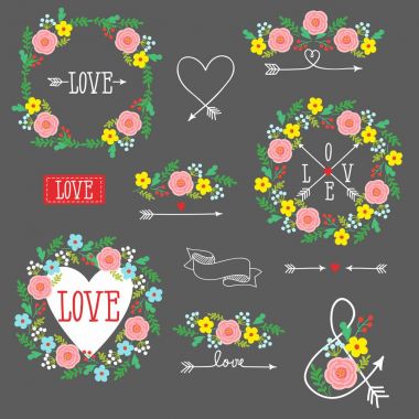 Tasarım - oklar, Kalpler, aşk, çiçek halkahalka için öğeleri kümesi