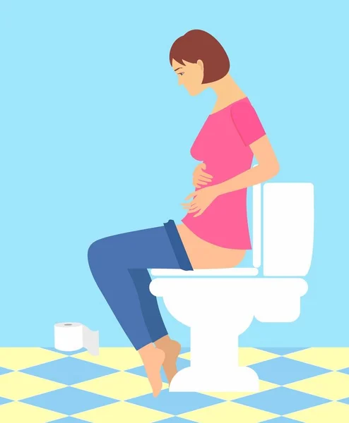 Woman is sitting on the toilet. urinary bladder problem or or sickness concept. — Stock Vector