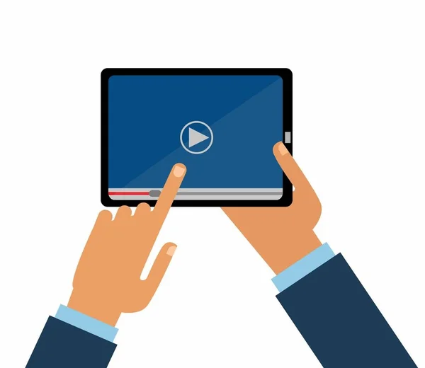 Χέρια ανδρών κατέχει οθόνη του tablet. Εφαρμογή αναπαραγωγής βίντεο στην οθόνη του tablet σας. Βίντεο. — Διανυσματικό Αρχείο