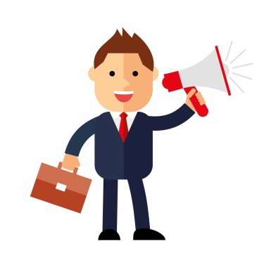 çizgi film işadamı bir megafon mavi arka plan ile. Ayakta tutun bir megafon ve okul çantası. Hoparlörü ile iş adamı. İnsan içinde megafon konuşuyor. 