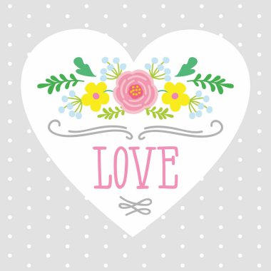 kalp çiçekler tarafından çerçeveli kelime aşk ile Illustration. Şablon için tebrik kartları, bardak, tekstil üzerinde yazdırma.