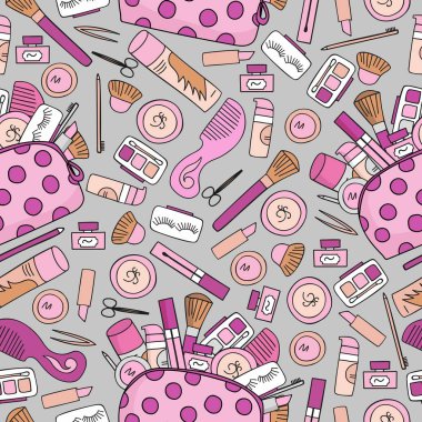 Sorunsuz arka plan kozmetik. Makyaj kozmetik araçlar ve güzellik kozmetik. Sorunsuz arka plan. Serbest el çiziminin. Moda illüstrasyon seamless modeli. 