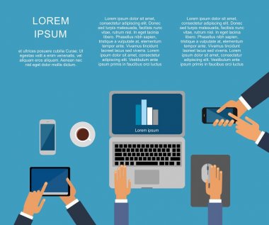 Erkek iş yeri. El masa laptop ekran vektör çizim iş insanlar üst görüntü açısı ofis yukarıda