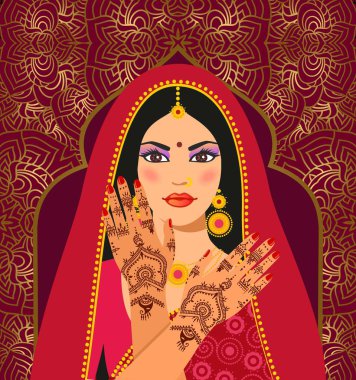 Güzel Hintli esmer genç kadın sari. Eller mehndi desenli