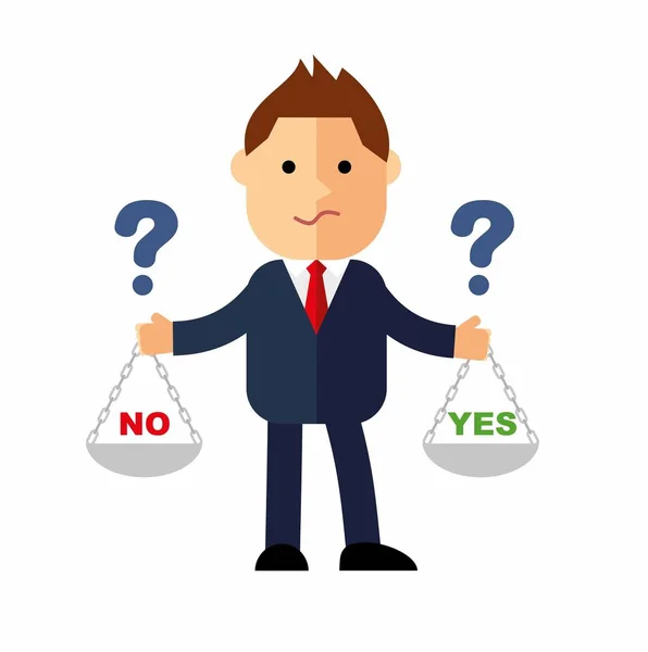 Cartoon Businessman Manager Weights His Hands Choose Yes Question Marks — Stock Vector