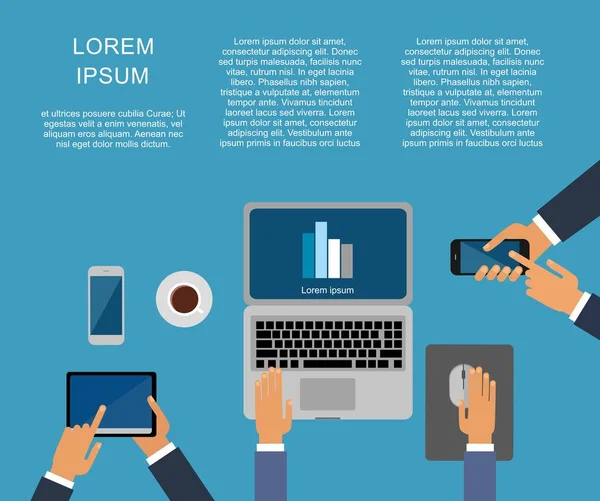 Erkek iş yeri. El masa laptop ekran vektör çizim iş insanlar üst görüntü açısı ofis yukarıda