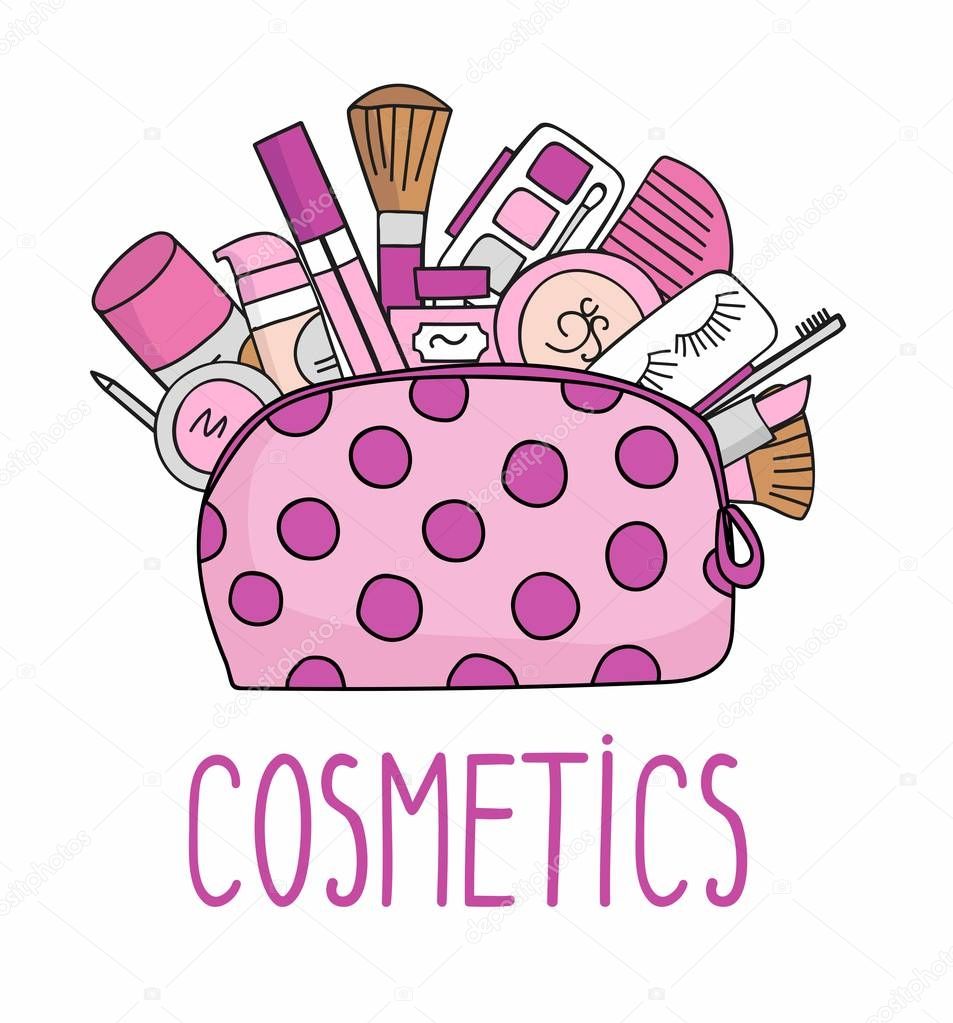 illustration cosmetic bag with cosmetics. on a white background. A set of cosmetics - lipstick, mascara, comb, shadows, a brush, a hairspray, a lip gloss