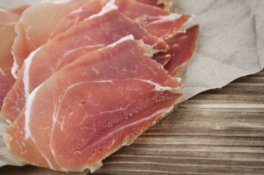 Closeup et. Taze serrano jambonu. Prosciutto, İtalyanca jambon tedavi.