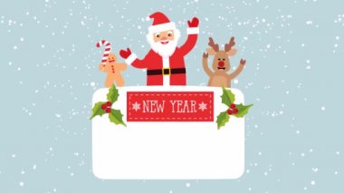 Yeni yıl vektör arka plan Noel Baba, geyik, zencefilli kurabiye adam metin için yer ile. Video