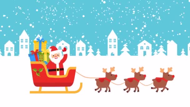 Herten Zijn Santa Claus Bracht Een Slee Met Geschenken Beeldmateriaal — Stockvideo