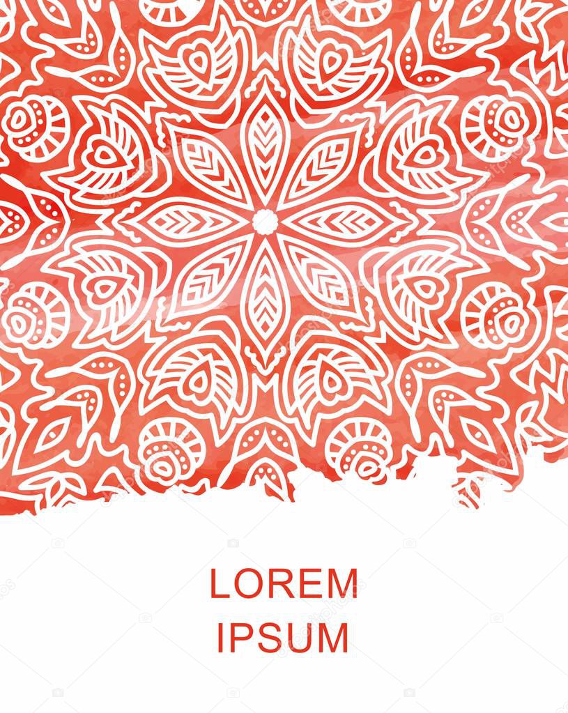 Orange watercolor paint background with white hand drawn round doodles and mandalas. design of backdrop