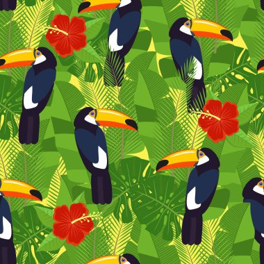 sorunsuz tropikal yaprak ve çiçek - palm, monstera, ebegümeci ve plumeria, STERLİÇYA Viktorya ve tropikal kuşlar