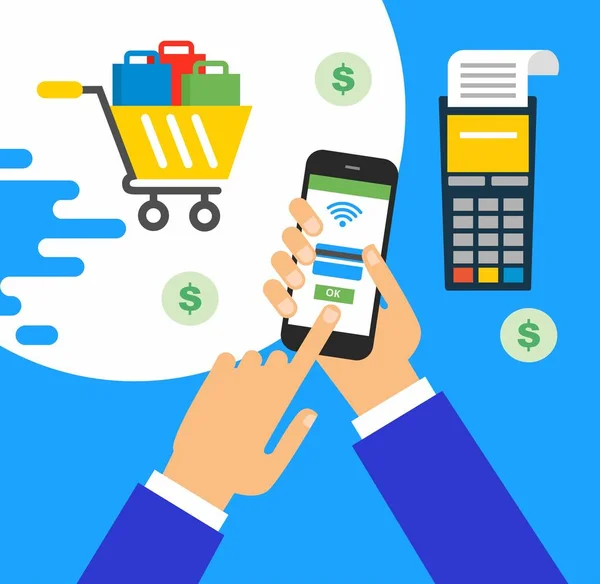 Ilustracja Nowoczesny Smartfon Przetwarzania Płatności Mobilnych Karty Kredytowej Ekranie Zakupy — Wektor stockowy