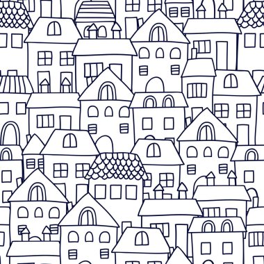 Evleri olan sevimli çizgi film desenleri. Vektör şehri kusursuz desen. Kusursuz vektör arkaplanı.