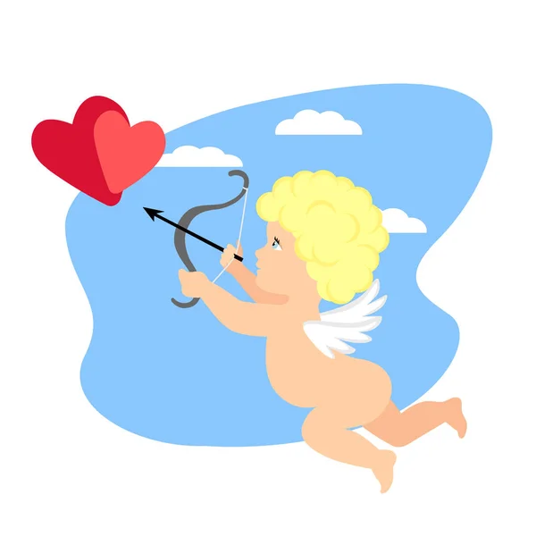 Cupidon Bouclé Garçon Tire Arc Dans Cœur Sur Fond Ciel — Image vectorielle