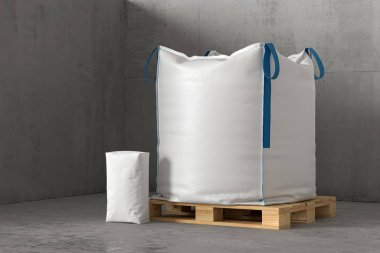 Beton zeminde iki beyaz çuval. 3d hazırlayıcı
