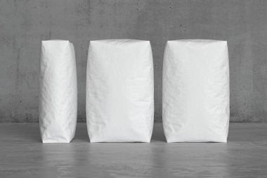 Beton zeminde beyaz çuvallar. 3d hazırlayıcı