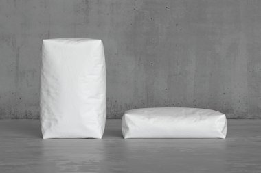 Beton zeminde beyaz çuvallar. 3d hazırlayıcı