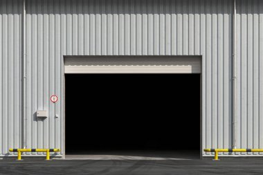 Şehir caddesinde paten kepenk kapaklı açık bir garaj. 3d hazırlayıcı