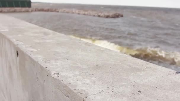 Хлопець в куртці кладе руки на пірс біля моря — стокове відео