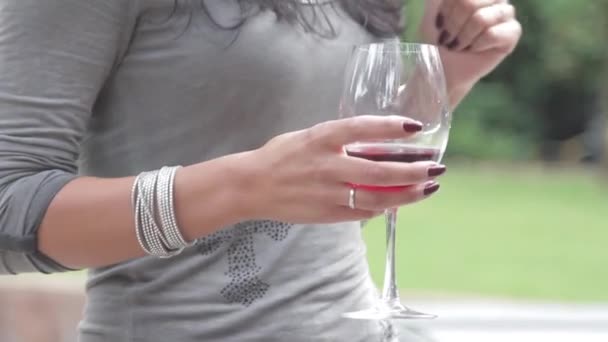 A womans hand holds a glass of wine at a party and with whom one communicates — Stock Video