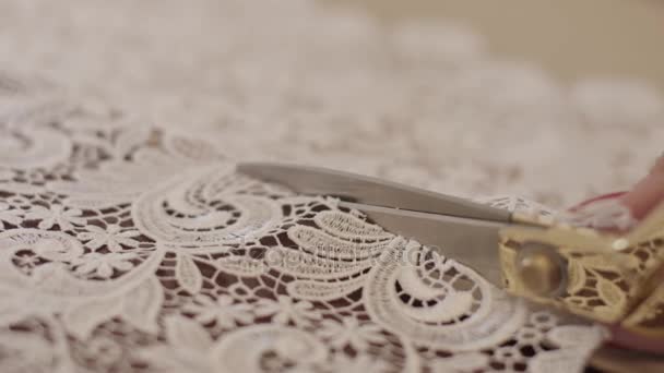 Жінка вирізає тканинні ножиці — стокове відео