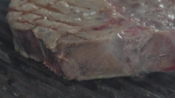 Panela lateral em torno do bife de fritura cru — Vídeo de Stock