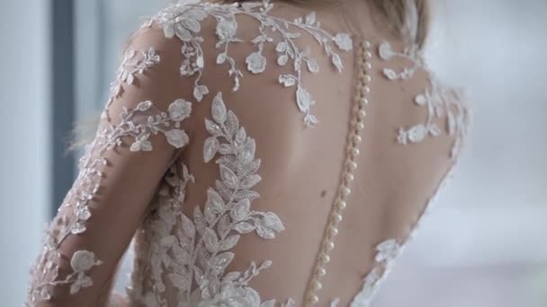 Bride back in wedding dress with sparkling embroidery close — Stock Video