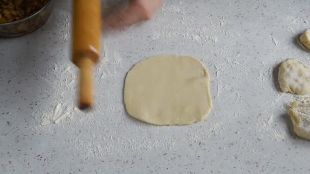 Eine Frau bereitet eine Torte mit Kohl zu. — Stockvideo