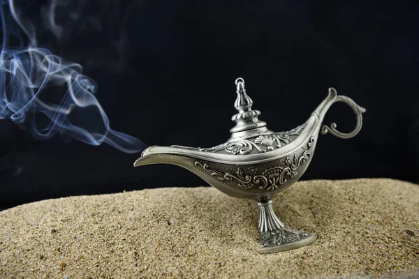 Aladin Fabulous Oil Lamp Lies Sand Smokes — Stock Photo, Image