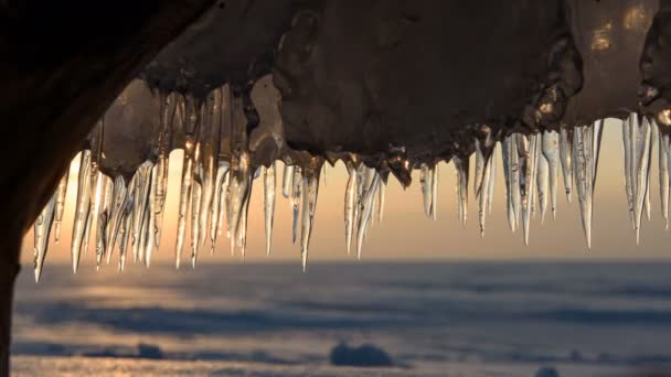 Ghiaccioli Sulla Riva Lago Ghiacciato Tramonto — Video Stock