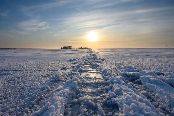 Thin Ice Ice Cracks Surface Lake Water Surface — Stock Photo, Image