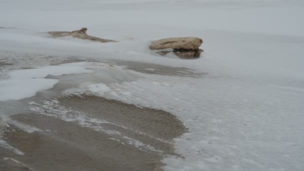 Nieve Ventisca Orilla Del Mar Fuerte Viento Lleva Copos Nieve — Vídeos de Stock