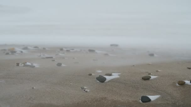Kar Fırtınası Deniz Kıyısı Güçlü Rüzgar Kar Tanelerini Taşır — Stok video