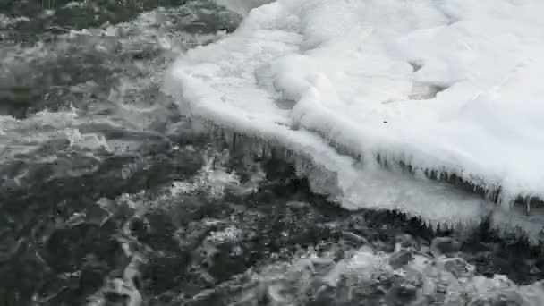 Río Montaña Fluye Valle Entre Bosque Hielo Congelado Las Orillas — Vídeos de Stock