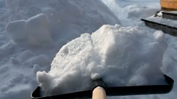 冬に雪のシャベルで雪のクリーニング クローズアップ シャベルのカメラ — ストック動画