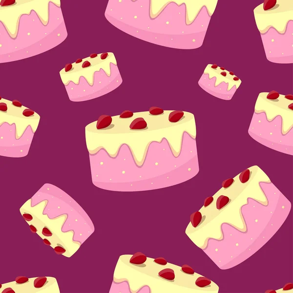 Nahtloses Muster mit Kuchen auf lila Hintergrund — Stockvektor