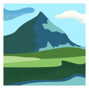 Dokuları olan bir vektör manzarası. İskandinav dağları ve yeşil bir doğa. Nehir, deniz, göl. En şık kartpostal