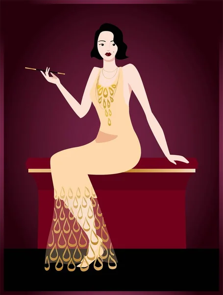 20 'li yaşlarda zarif, çekici bir kadının vektör çizimi. Düz bir şekilde Art deco.