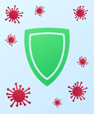 Koruyucu mavi arka plan, kalkan ve kırmızı virüs kovid-19 veya koronavirüs. 2019-NCoV. Romantik koronavirüs salgını. Düz vektör modern tasarım