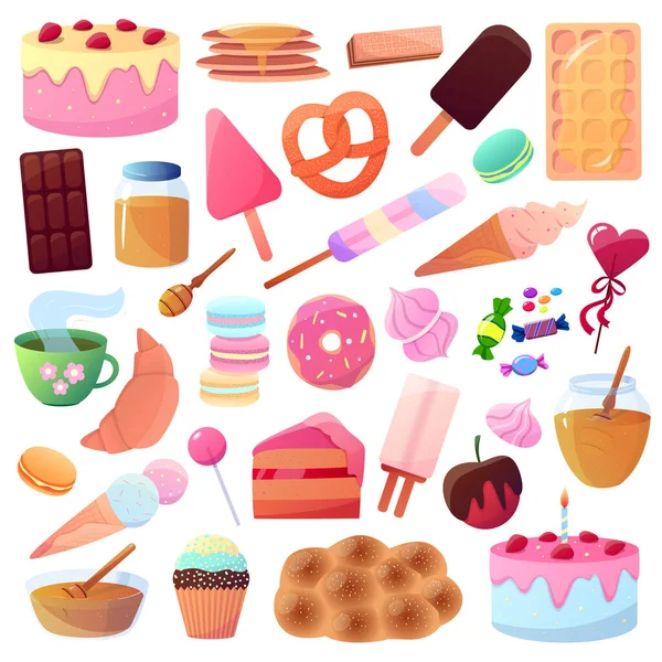 Şekerli yiyeceklerin vektör seti. Mutfak ya da menü için tatlı sanat öğeleri. Dondurma, fırın, lolipop, pasta, kek, çay, çikolata, bal, çörek, kruvasan, waffle, gözleme.
