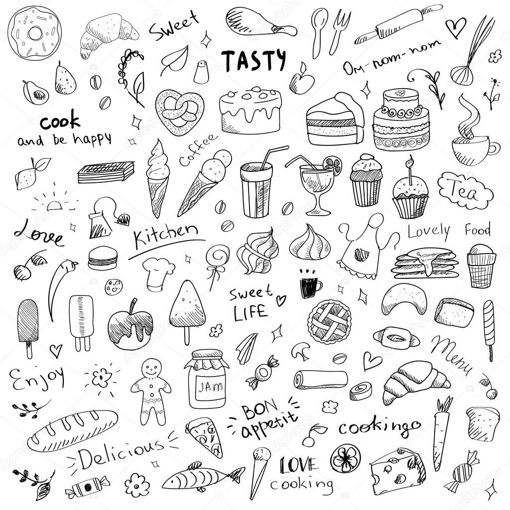 Vector set of doodle sketch illustrations of sweet food. Sweet dessert and food art elements for kitchen or menu. Ice cream, bakery, lolly pop, cake, tea, chocolate, honey, donut, croissant, pancakes and writings, hand drawn