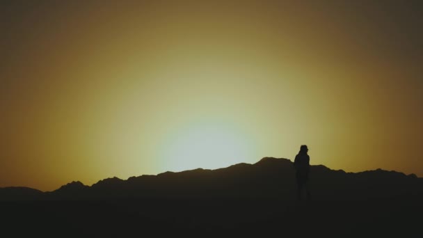 Silhueta de bela jovem caminhada ao pôr-do-sol no deserto. Feminino atravessando o deserto, dunas, vento soprando, câmera lenta, 4k — Vídeo de Stock