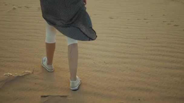 Silueta krásné mladé ženy kráčí při západu slunce v poušti. Žena projíždějící pouští, duny, zblízka, zpomalený pohyb, 4k — Stock video