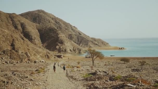 Grupo de amigos va a la playa, la gente va hacia adelante a las colinas del mar en el fondo, cámara lenta — Vídeo de stock