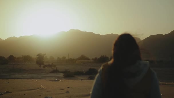 Silhueta de bela jovem caminhada ao pôr-do-sol no deserto. Feminino atravessando o deserto, dunas, close-up, câmera lenta, 4k — Vídeo de Stock