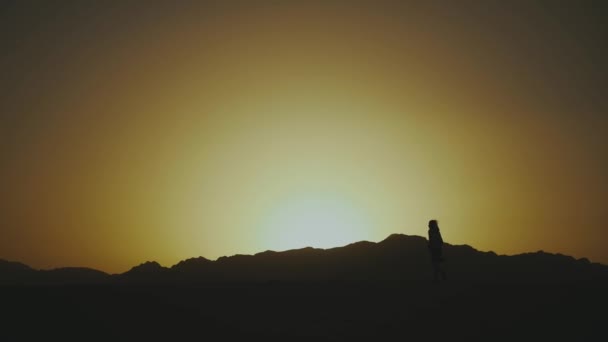 Silueta de hermosa joven caminata al atardecer en el desierto. Mujer pasando por el desierto, dunas, viento soplando, cámara lenta, 4k — Vídeo de stock