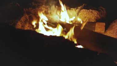 Bir grup arkadaş, gece deniz kenarındaki kumsalda kamp ateşinin yanında eğleniyorlar. Kamp ateşi, hızlı çekim, ağır çekim, 4k.