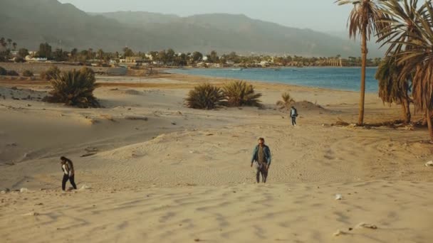 Vrienden wandelen op het strand bij zonsondergang, zee op de achtergrond, slow motion. — Stockvideo